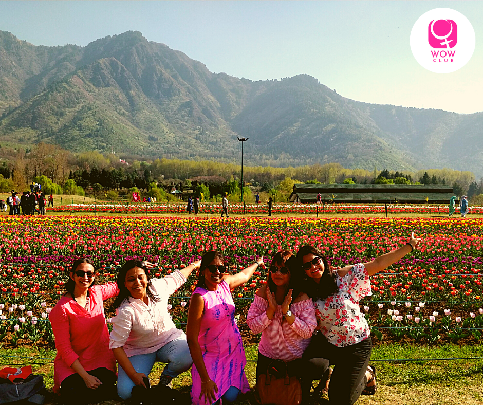 5 women posing in the fields of Tulip Garden, Kashmir 